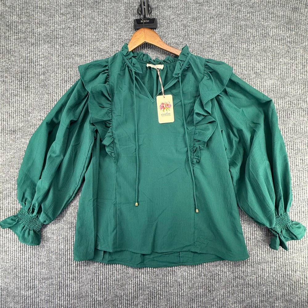 Entro Blouse Womens Large Green New Ruffle Balloon Sleeve V-Neck T19069
